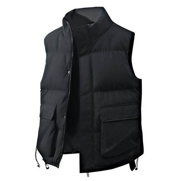 Unisex-Weste mit Stehkragen – Leichte, ärmellose Winter-Pufferjacke mit Reißverschluss und Kordelzug (M-4XL, Schwarz/Grau/Creme)_voghion.com