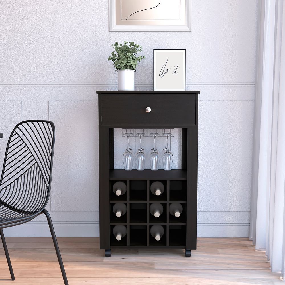 39' H Black Bar- Coffee Cart, Kitchen Or Living Room Cabinet Storage, With 12 Bottle Racks, A Central Shelf With 1 Cup Holders, 1 Drawer Ideal For S_voghion.com