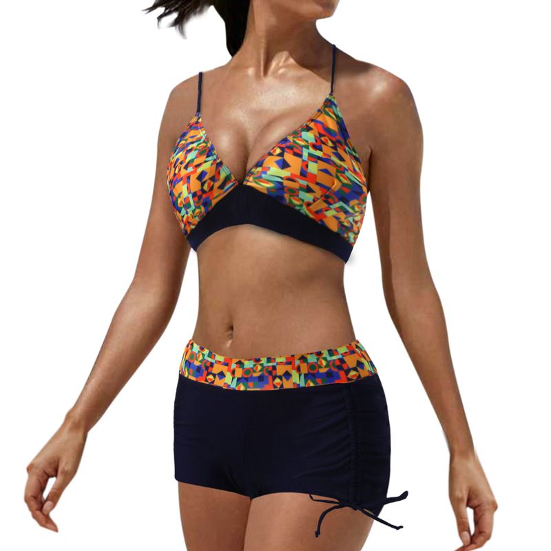 Badeanzug im neuen Stil, zweiteilig, mehrfarbiger Bikini mit Boyshorts und Trägern, konservative Bademode_voghion.com