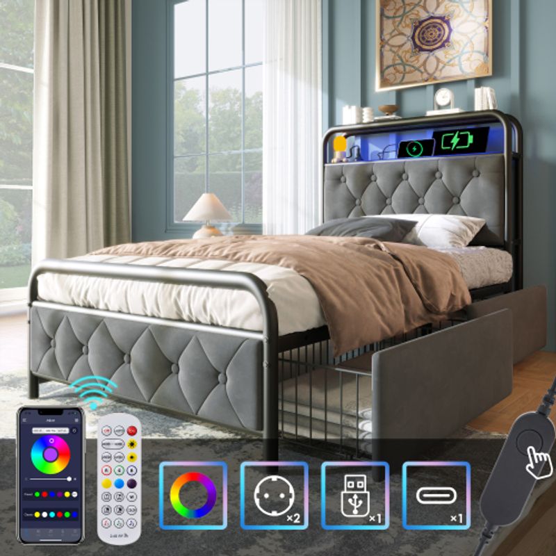 Polsterbett Einzelbett Mit Aufladen USB Type C Ladefunktion APP-Control LED Bettgestell Metallbett 90×200CM Bettrahmen Und 2 Schubladen, Samt (Ohne Matratze)_voghion.com