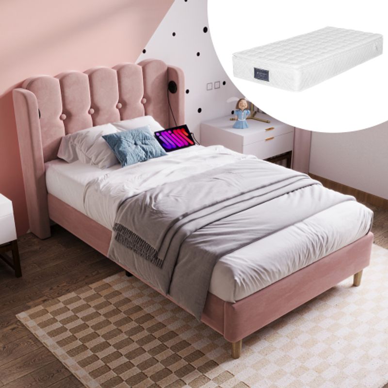 Polsterbett Einzelbett Mit USB Typ C Ladefunktion, Bettgestell Mit Lattenrost, Gepolstertes Bett In Rosa,90 X 200 Cm Bettrahmen Jugendbett Für Schlafzimmer Gästezimmer-Samt(Mit Matratze)_voghion.com