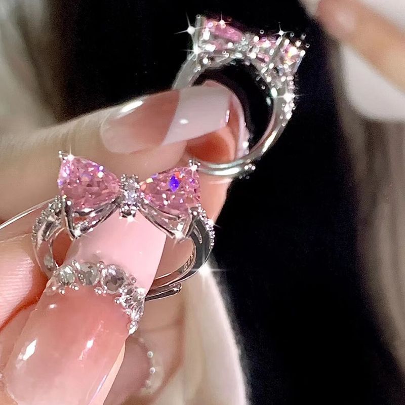 Anello aperto con fiocco in mosonite rosa per donna, leggero, di lusso, regolabile, romantico, dolce, squisito e di alta qualità_voghion.com