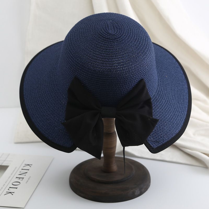 Novidades Chapéu de palha com aba grande e arco para mulheres, proteção solar de verão, chapéu de balde dobrável com proteção UV, temperamento coreano, férias, laço de praia_voghion.com