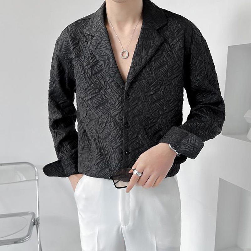 Customized light and familiar style ultra-loose men's long-sleeved shirt ins type male style V-neck printed shirt534_voghion.com