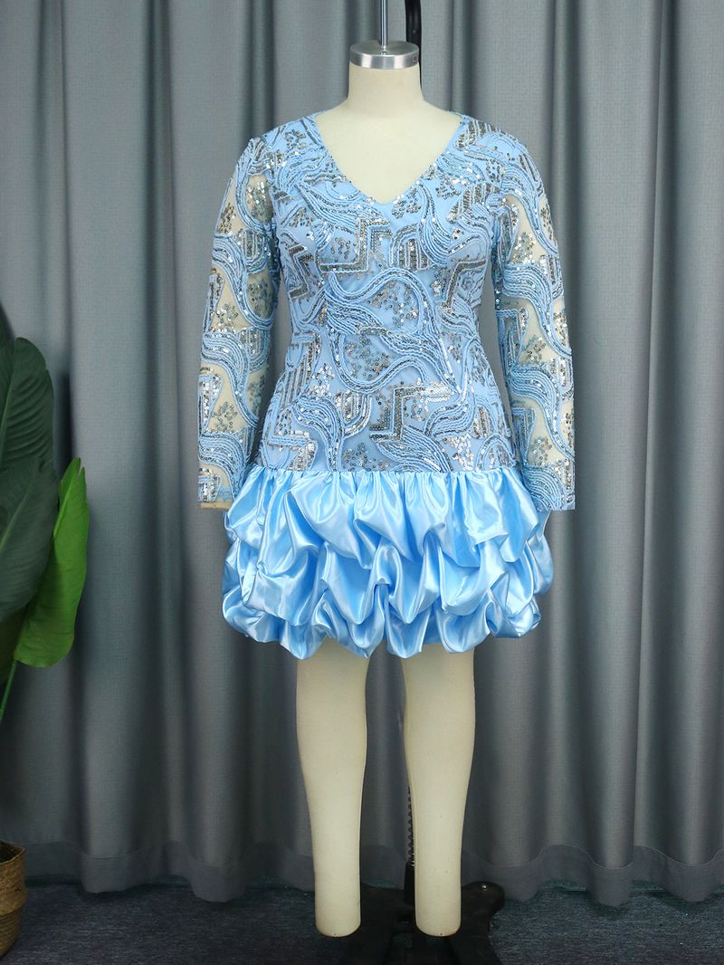Large size women's V-neck sequined dress Birthday party dress Party dress_voghion.com