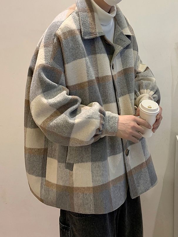 Herfst- en wintergeruite wollen jas voor mannen en vrouwen, Japanse retro revers casual jas_voghion.com