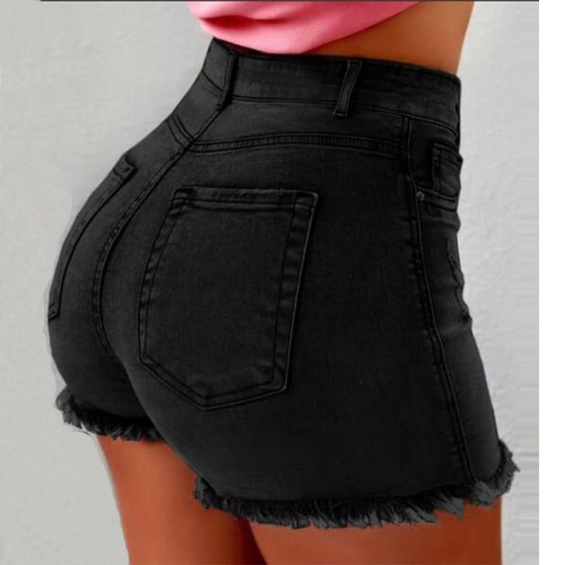  women's denim shorts tassel hole high waist women's jeans_voghion.com