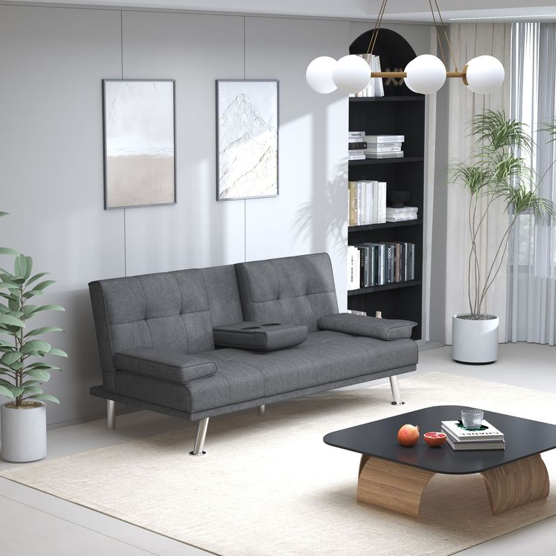 Charcoal Grey Two-tone Linen 66inch Sleeper Sofa,2-seat Sofa With Cup Holder, Folding Sofa Bed, Accompany Two Head Pillows,_voghion.com