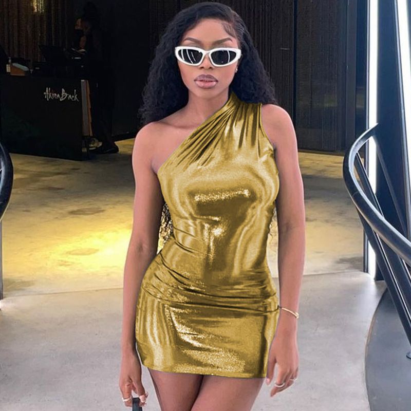 Women's sexy slim skirt oblique shoulder sleeveless hip dress_voghion.com