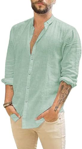 Camicia da uomo, camicia a maniche lunghe in cotone e lino con bottoni, camicia estiva casual vestibilità regolare_voghion.com