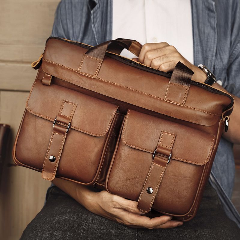 Cowhide Men's Casual Business Briefcase Genuine Leather Shoulder Messenger Bag Commuting 15.6 Inch Laptop Bag_voghion.com