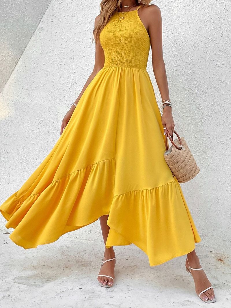 Spring, summer, autumn and winter adjustable strap irregular solid color elastic waist slip dress_voghion.com