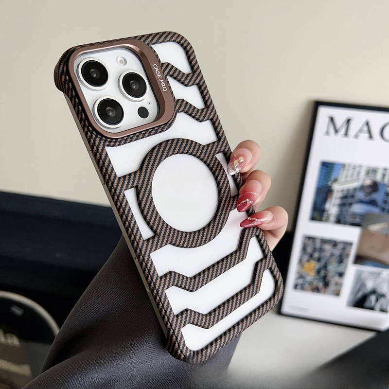 Coques et étuis pour iPhone 16, support d'objectif, coque de téléphone portable, motif fibre de carbone, coque magnétique creuse sans cadre_voghion.com