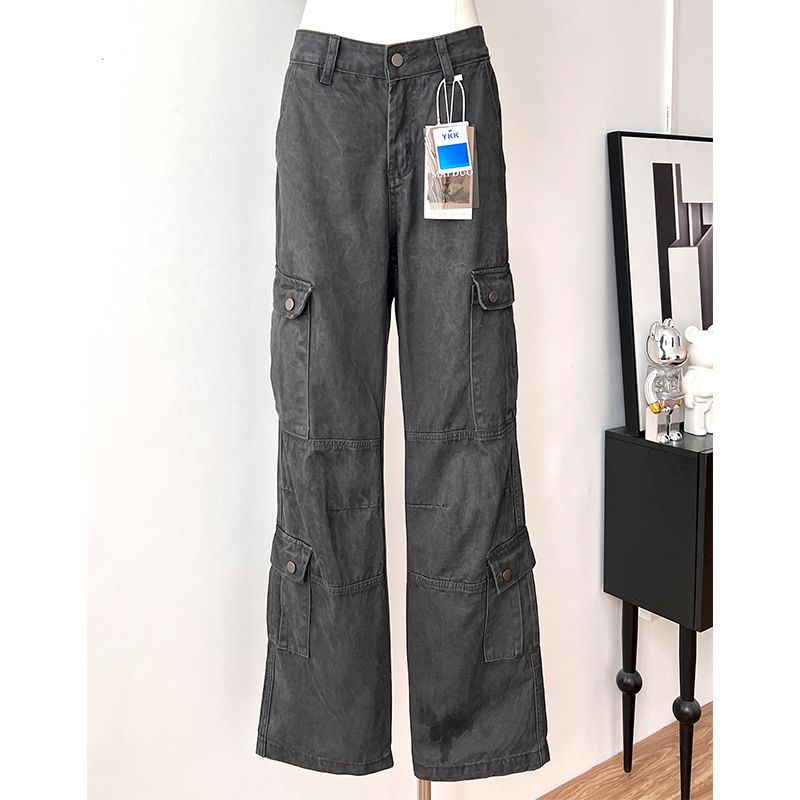 Pantaloni cargo a gamba dritta, larghi, casual, con tasche, leggermente svasati, tridimensionali, spazzolati e multitasche, coreani_voghion.com
