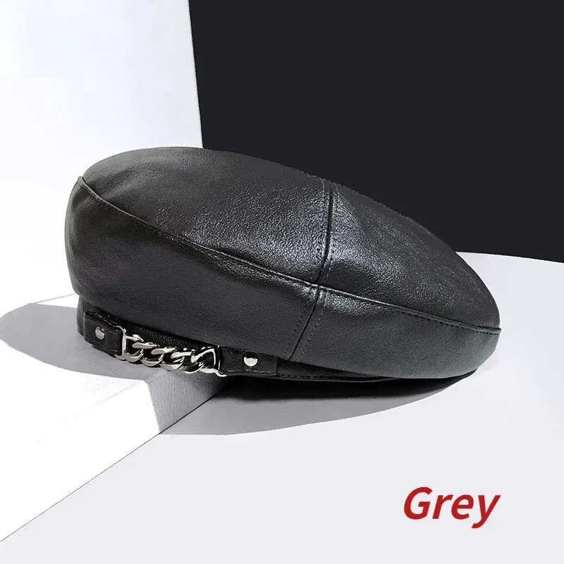 Hot Sale 2024 New Women Pu Leather Winter Chain Barette Painter Berets Caps for Ladies Girls Hats Trendy Hat Elegant Beret_voghion.com