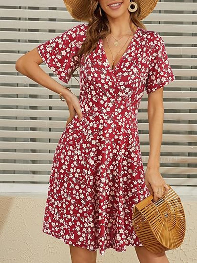 Damenbekleidung Sommerkleid Sommer Blumen Kurzarm Wickelkleid V-Ausschnitt A-Linie Midikleid_voghion.com