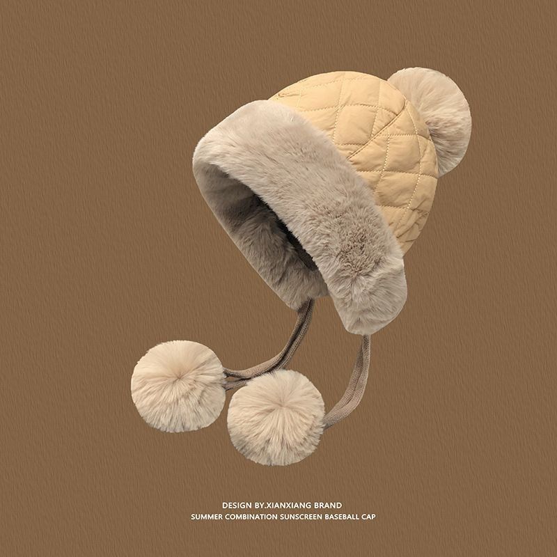 Bonnet Lei Feng en duvet de coton pour femme, collection hiver 2025, avec pompon, coupe-vent, chaud et imperméable, idéal pour le cyclisme et la protection des oreilles._voghion.com