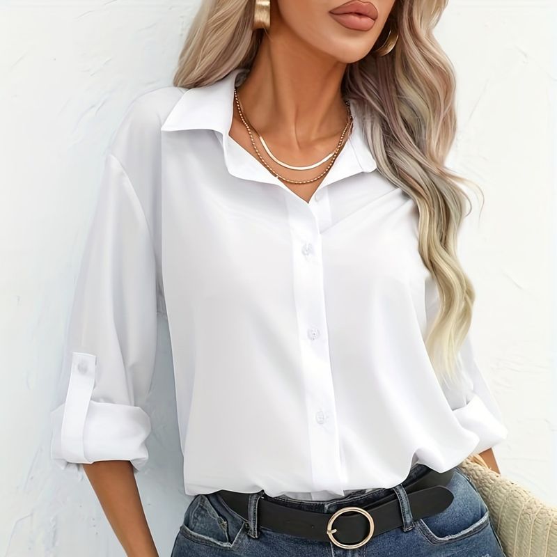 ​​Women's Slim Fit Casual Shirt Long Sleeve Polyester Blend Solid Color Work Office Blouse​​_voghion.com