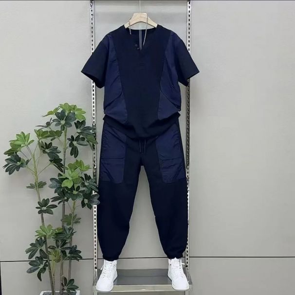 Lässiges zweiteiliges Set für Herrenbekleidung mit kurzärmligem Oberteil und Arbeitshose, passendes Unisex-Outfit für den täglichen Gebrauch im Freien (erhältlich in Braun und Schwarz)_voghion.com