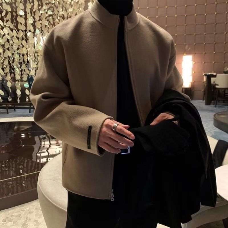 Neue Wolljacke Herren Frühling und Herbst Modemarke Stehkragen Pilotenjacke Trend lose einfarbig cooles Oberteil_voghion.com