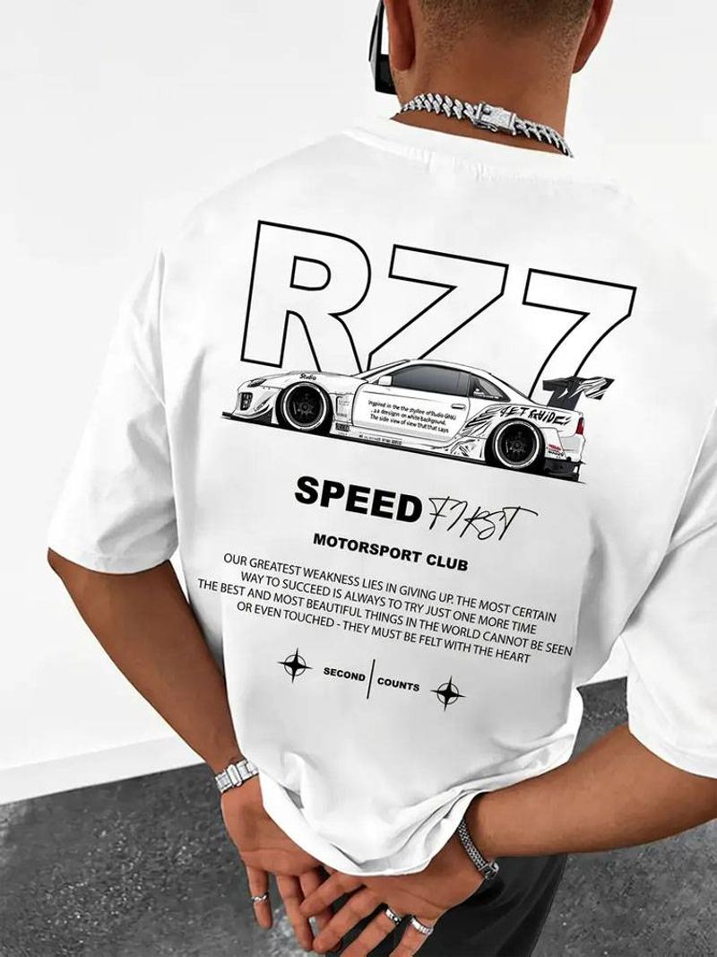 RZ7 SPEED Racing Graphic Mens Street Style - With Bold Black And White Car Graphic, Men's Summer Casual Wear, 240g Cotton T-shirt_voghion.com