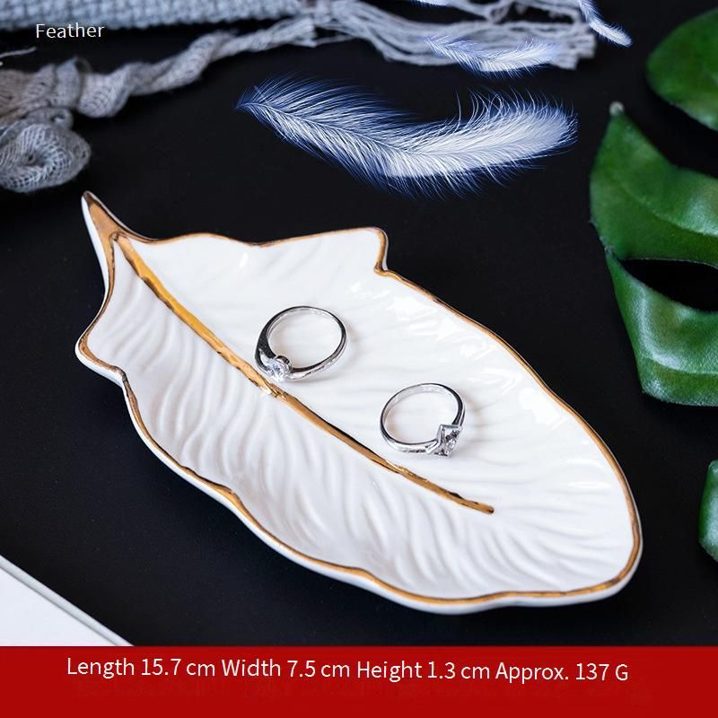 Nordic Feather Ceramic Tray - Decorative Jewelry Dish For Rings & Earrings, Elegant Snack Plate For Desserts And Fruits (White, 8 Inch)​​_voghion.com
