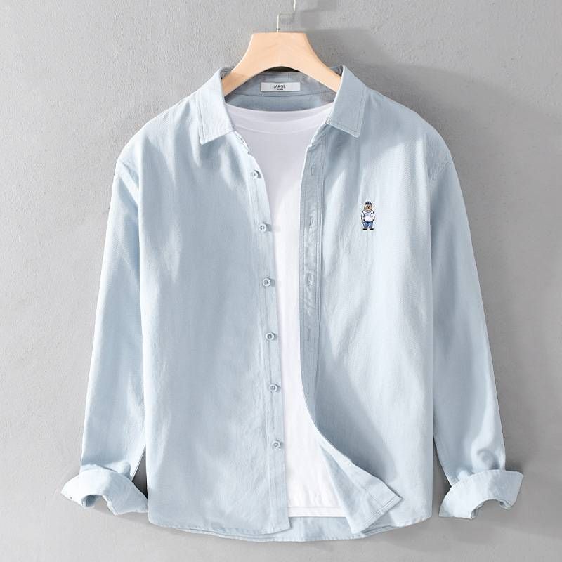 Herrenbekleidung Frühling und Herbst Lässiges Langarmhemd aus Baumwolle Vielseitiges Bärenstickerei-Trendhemd_voghion.com