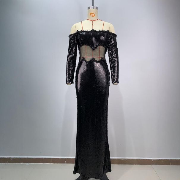 Robe de soirée asymétrique élégante en maille pailletée à épaules dénudées pour femme – Robe de soirée glamour à manches longues_voghion.com