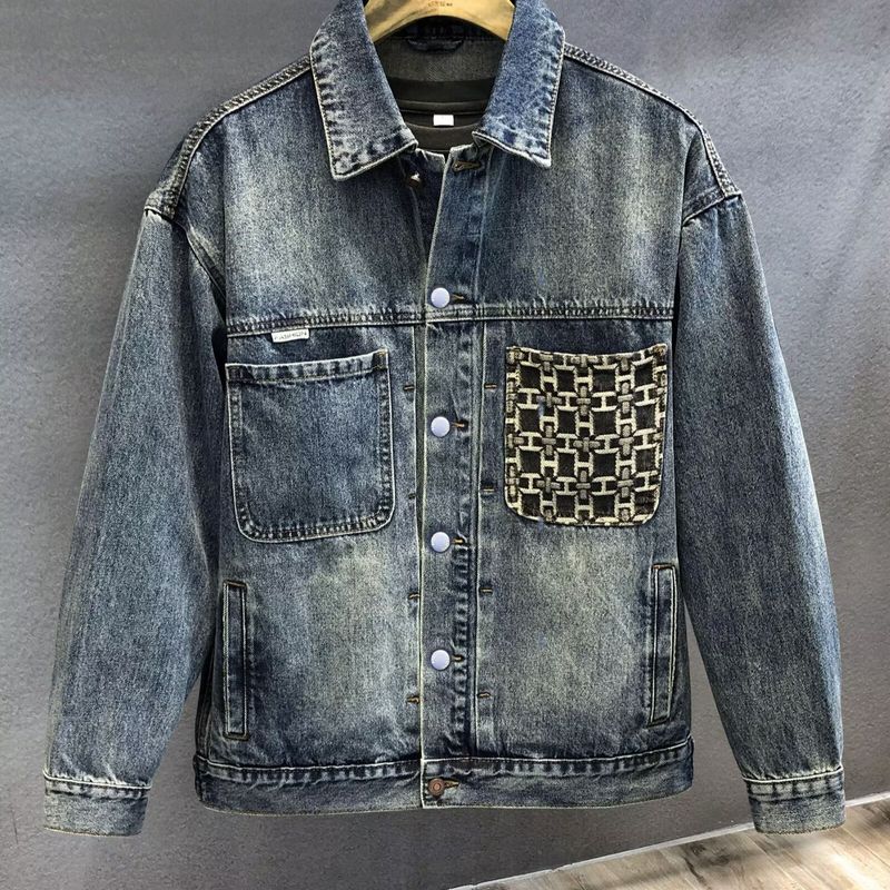 Abbigliamento da uomo Giacca in denim lavato con tasca e ricamo pesante retrò Giacca da lavoro da uomo_voghion.com