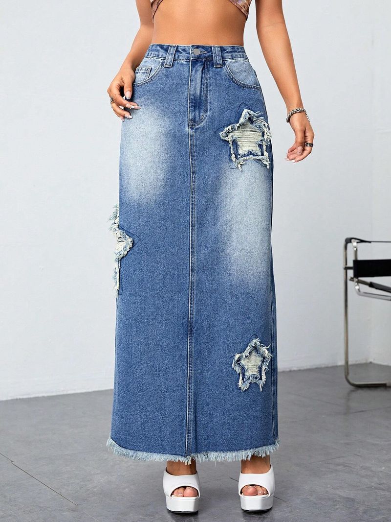 Lässiger Damen-Jeansrock mit hoher Taille und geteilter Jeans_voghion.com