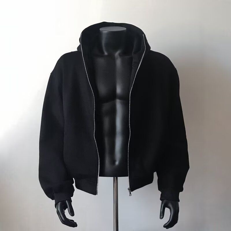 Felpa con cappuccio e cerniera foderata in pile da uomo - Giacca leggera per abbigliamento casual da strada (grigio, nero)_voghion.com