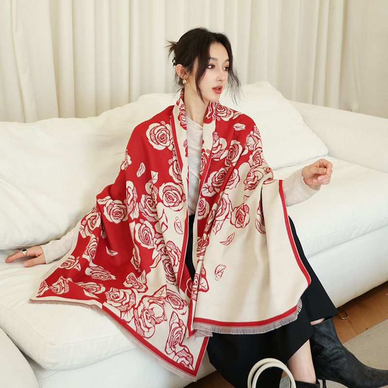 Elegant Women's Double-Sided Jacquard Scarf - Rose Story & Cosmic Horse Design, Soft & Warm Winter Accessory, Versatile Shawl Wrap_voghion.com