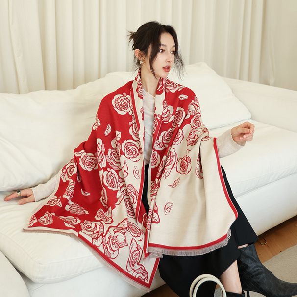 Elegant Women's Double-Sided Jacquard Scarf - Rose Story & Cosmic Horse Design, Soft & Warm Winter Accessory, Versatile Shawl Wrap_voghion.com