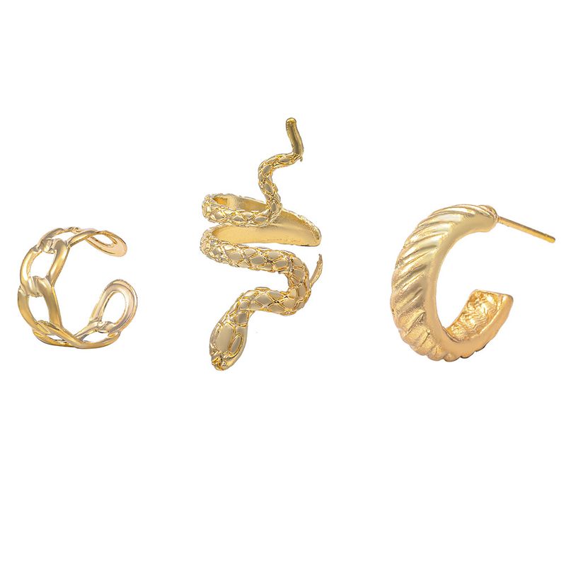 Pendientes bohemios étnicos retro para mujer, juego de 3 piezas con forma de serpiente y clip, pendientes abiertos en forma de C, dorados y plateados._voghion.com
