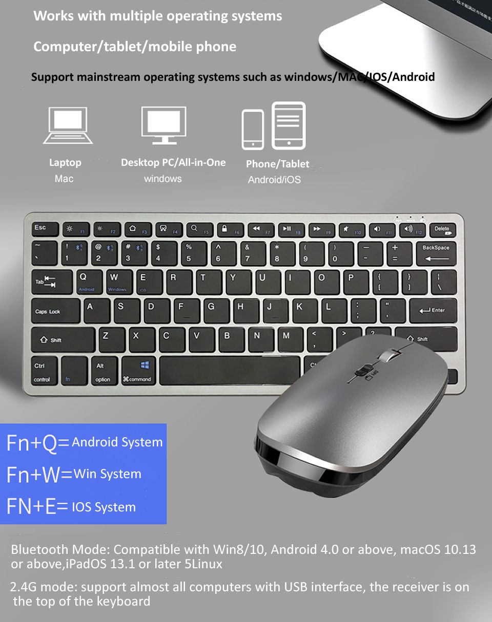 JOMAA 2,4 G + Bluetooth-Tastatur Und Maus-Kombination, Kabellose Multimedia-Tastatur Und Ergonomisches Maus-Set Für IPad, Desktop-PC, Laptop_voghion.com