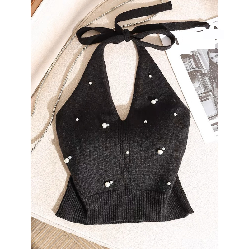 Women's Clothing Beaded Beautiful Halter Neck Camisole Vest Slim Back Off Shoulder Knitted Top_voghion.com