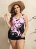 Plus Size Vacay Swimsuit Set, Women's Plus Floral Print Tank Top & Shorts High Stretch Swimsuit 2pcs Set, Women Plus Size Two Piece Set_voghion.com