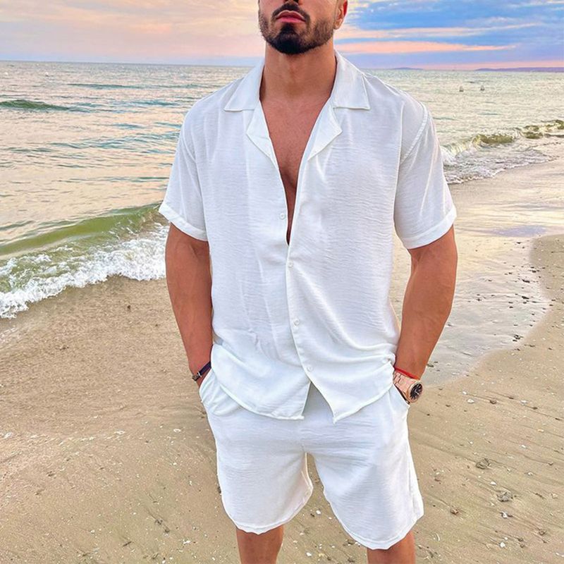 Ensemble hawaïen à manches courtes et col Polo pour hommes, en coton et lin, couleur unie, été 2024_voghion.com