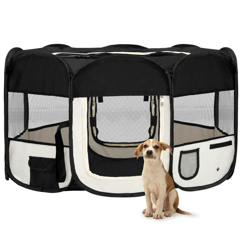 Foldable Dog Playpen with Carrying Bag Black 57.1"x57.1"x24"_voghion.com