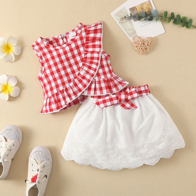 Vêtements pour bébés filles, ensemble haut sans manches à volants et jupe à carreaux avec ceinture_voghion.com