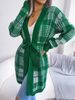 Women's Plaid Strap Lantern Sleeve Casual Open Front Cardigans Sweater Jacket Outwear_voghion.com