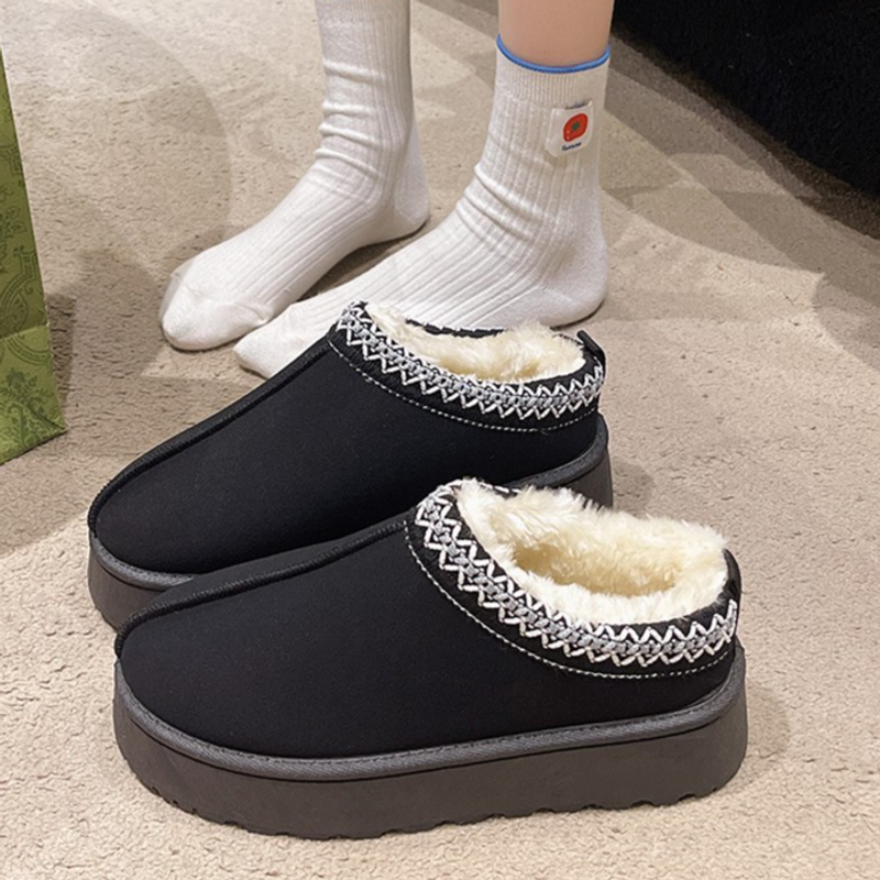 Zapatos de mujer, botas de nieve para mujer, invierno, nuevas, de terciopelo, cálidas, con suela gruesa, sin tacón, con punta cubierta, pantuflas de piel, zapatos de algodón_voghion.com