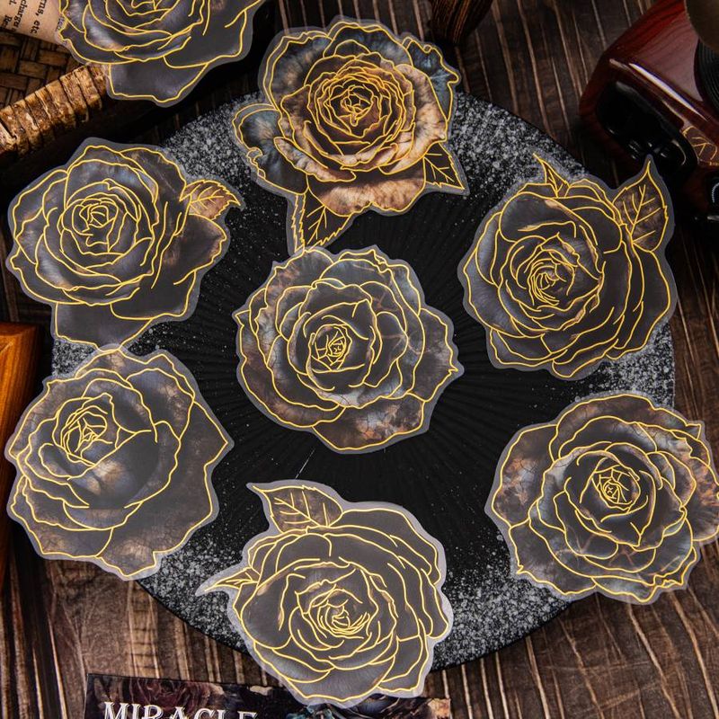 10 Sheets/pack Large Rose PET Retro Flower 3D Hot Stamping Notebook Decorative Stickers_voghion.com