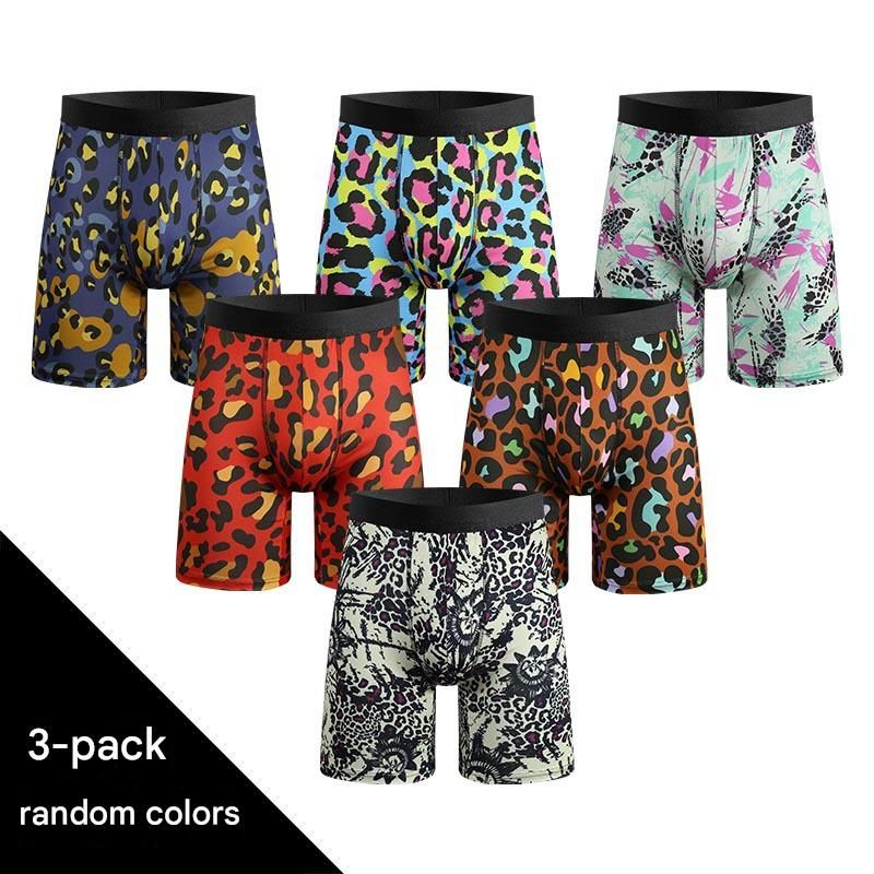 NOKO 3-pack European And American Size Leopard Print Underwear Breathable Lengthened Trouser Legs Men's Elastic And Comfortable Sports Boxer Briefs_voghion.com