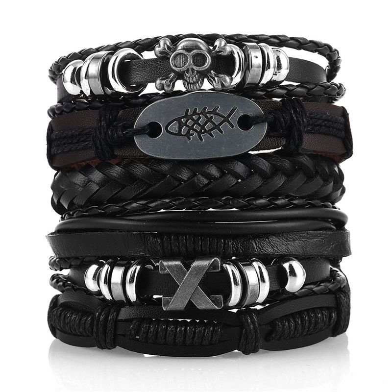 Bracciale multistrato Mulsanne in pelle con teschio per uomo, nuovo stile hip-hop, intrecciato_voghion.com