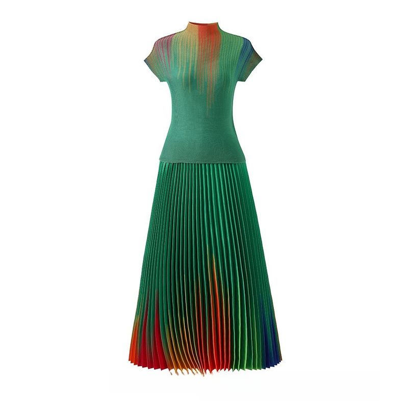 Damenbekleidung Regenbogen-Print Kurzarm-Lockerrock Zweiteiliger Damenanzug_voghion.com