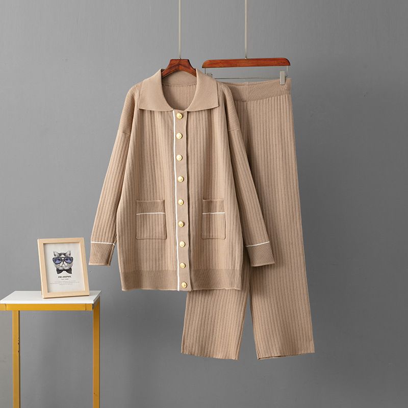 ​​Damen-Strick-Zweiteiler im Oversize-Stil – Strickjacke mit Knopfleiste + Hose mit weitem Bein (Schwarz/Oliv/Khaki) – Atmungsaktives Rayon-Ensemble für die Lounge und das Büro​​_voghion.com