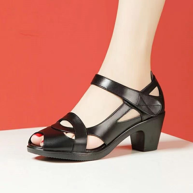 Summer New Women's Ethnic Wind Fish Mouth Roman One Button Sandals Thick Heel Dance Middle And Elderly Mom Shoes_voghion.com