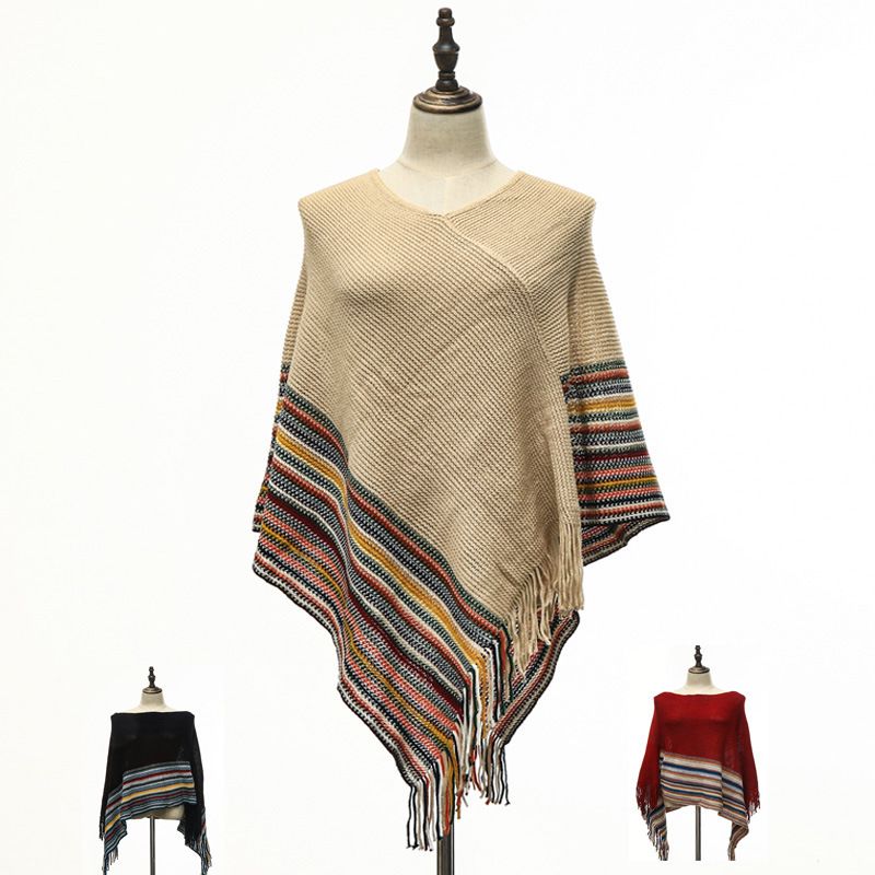 Cross-border supply European and American knitted cape shawls ethnic style cape tassel suit factory direct sales_voghion.com