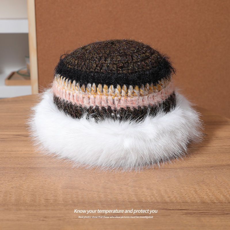 New dopamine-striped countercolor plush fisherman hats for women winter thickened warm all knit basin hat_voghion.com
